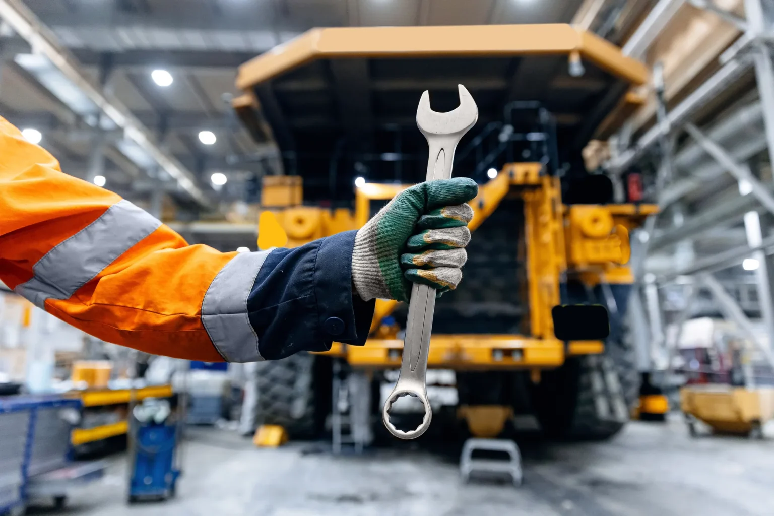 Gloved hand holding a wrench in front of a mine truck in the maintenance shop.